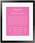 Edmund custom name meaning print in pink with black matte frame