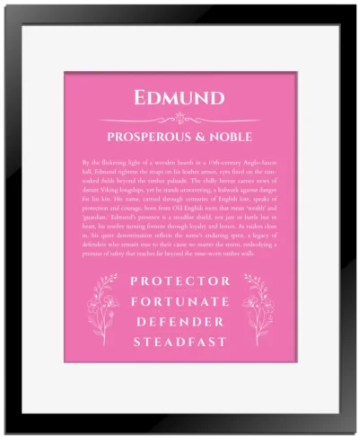 Edmund custom name meaning print in pink with black matte frame