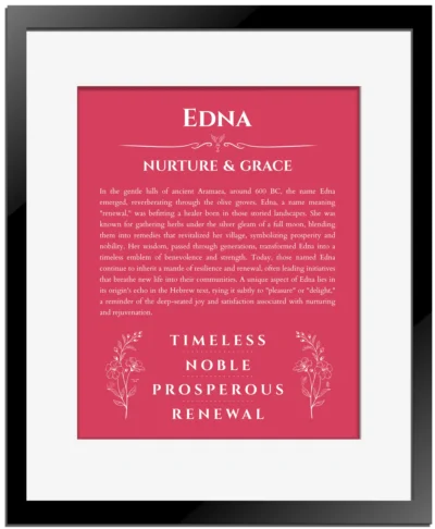 Edna name origin print with meaning and traits in red with black matte frame