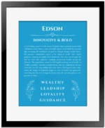 Edson personalized wall art with the story of your name in blue with black matte frame