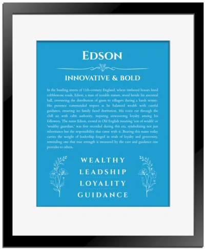 Edson personalized wall art with the story of your name in blue with black matte frame