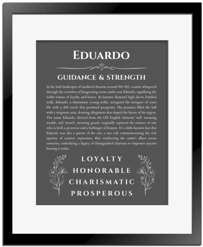 Eduardo personalized name meaning print in gray with black matte frame
