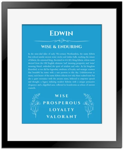 Edwin personalized name meaning print in blue with black matte frame