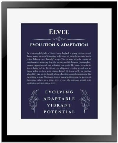 Eevee personalized wall art with the story of your name in navy blue with black matte frame