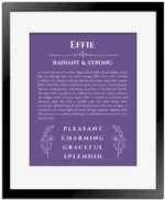 Effie name meaning wall art by Get Your Story in purple with black matte frame