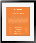Efraim personalized name art with origin story in orange with black matte frame