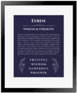 Efren personalized name print with origin and traits in navy blue with black matte frame