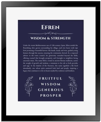 Efren personalized name print with origin and traits in navy blue with black matte frame