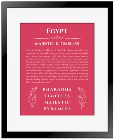 Egypt name origin print with meaning and traits in red with black matte frame
