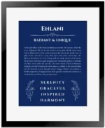 Ehlani custom name print for wall display in deep blue with black matte frame