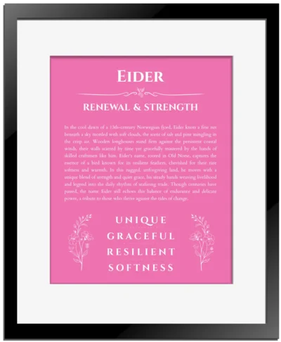 Eider name meaning wall art by Get Your Story in pink with black matte frame