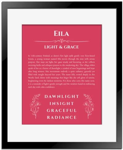 Eila personalized name meaning print in red with black matte frame