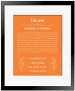 Eilam personalized name print with origin and traits in orange with black matte frame