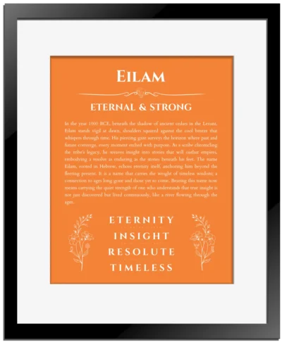 Eilam personalized name print with origin and traits in orange with black matte frame