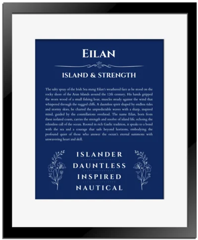 Eilan personalized name meaning print in deep blue with black matte frame