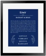 Eimy custom name art showing meaning and origin in deep blue with black matte frame