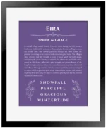 Eira personalized name art with origin story in purple with black matte frame