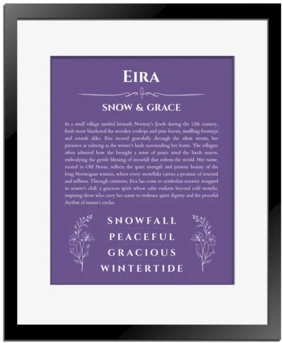Eira personalized name art with origin story in purple with black matte frame