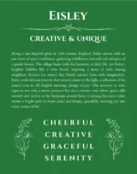 Eisley custom name art showing meaning and origin in dark green