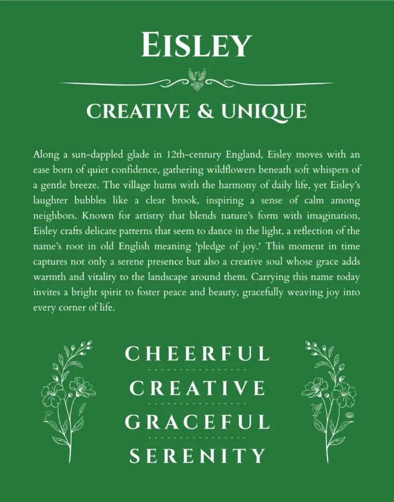 Eisley custom name art showing meaning and origin in dark green