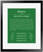 Eisley custom name art showing meaning and origin in dark green with black matte frame