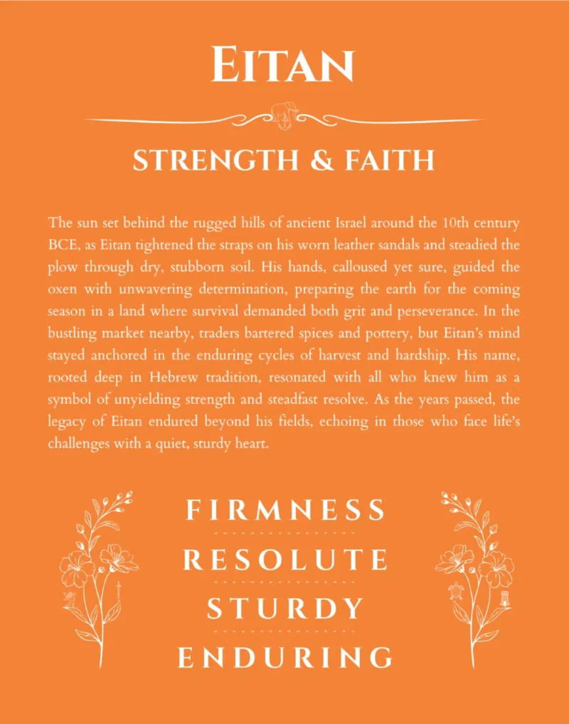Eitan name origin print with meaning and traits in orange
