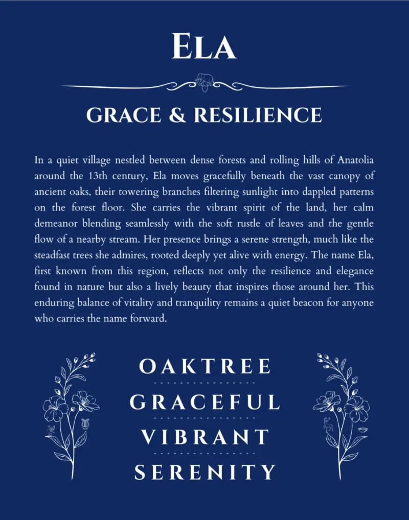 Ela personalized name print with origin and traits in deep blue