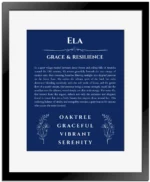 Ela personalized name print with origin and traits in deep blue with black matte frame