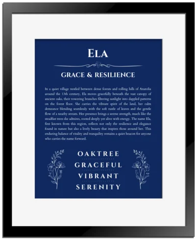 Ela personalized name print with origin and traits in deep blue with black matte frame