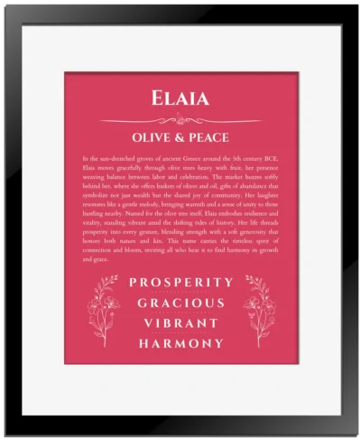 Elaia custom name meaning print in red with black matte frame