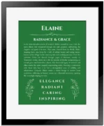 Elaine personalized name meaning print in dark green with black matte frame