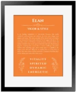 Elan personalized name meaning print in orange with black matte frame