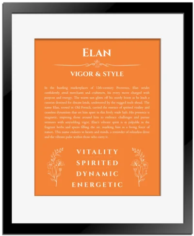 Elan personalized name meaning print in orange with black matte frame