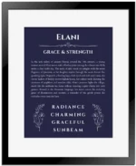 Elani name meaning wall art by Get Your Story in navy blue with black matte frame