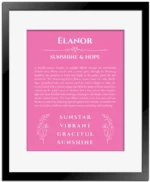 Elanor custom name art showing meaning and origin in pink with black matte frame