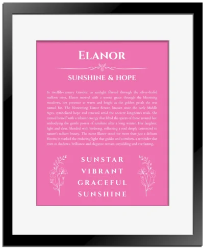 Elanor custom name art showing meaning and origin in pink with black matte frame