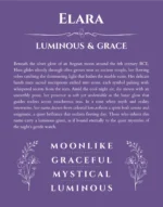 Elara name origin print with meaning and traits in purple