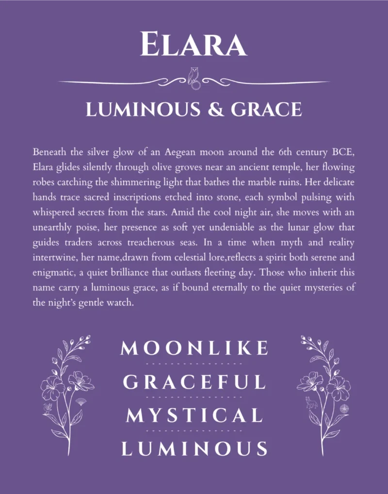 Elara name origin print with meaning and traits in purple