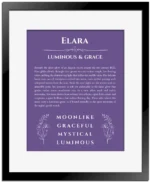 Elara name origin print with meaning and traits in purple with black matte frame