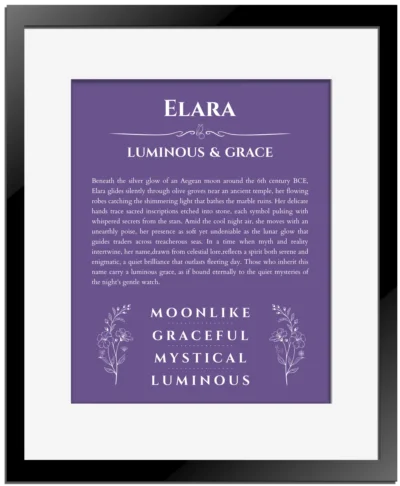 Elara name origin print with meaning and traits in purple with black matte frame
