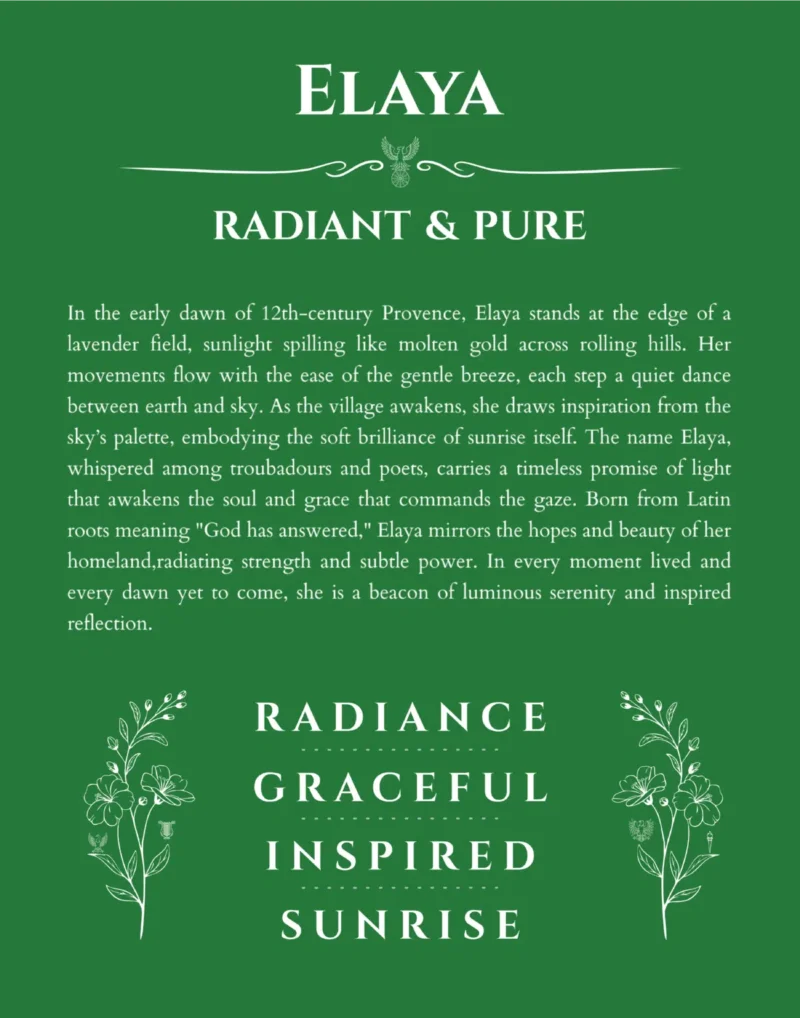 Elaya custom name art showing meaning and origin in dark green