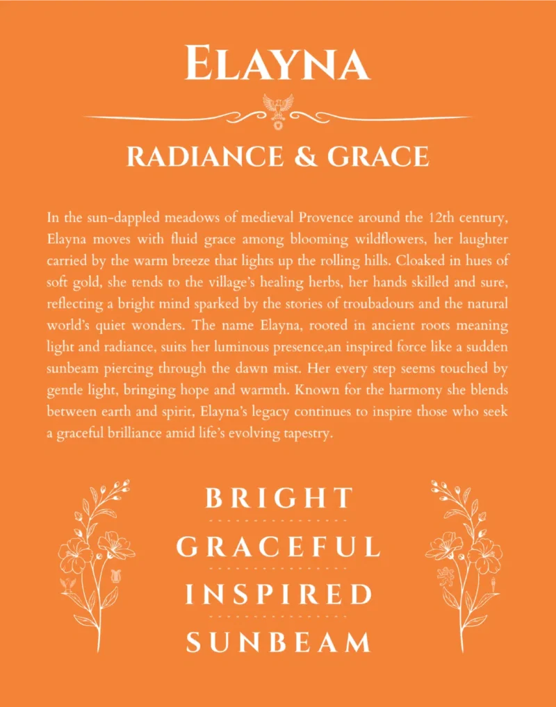 Elayna name origin print with meaning and traits in orange