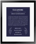 Eleanore personalized wall art with the story of your name in navy blue with black matte frame