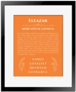 Eleazar personalized wall art with the story of your name in orange with black matte frame