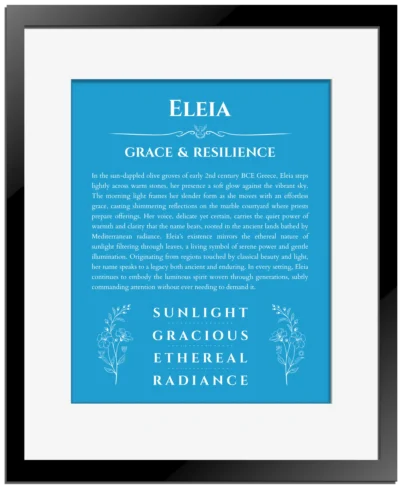 Eleia name meaning gift print in blue with black matte frame