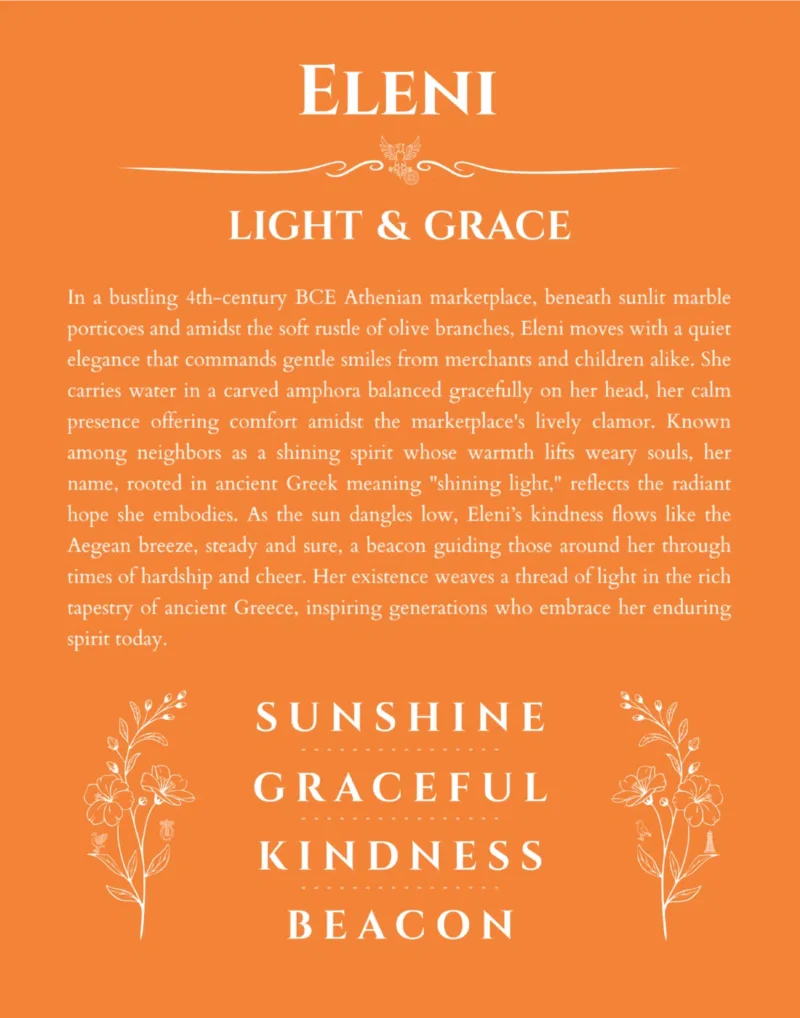 Eleni personalized name art with origin story in orange