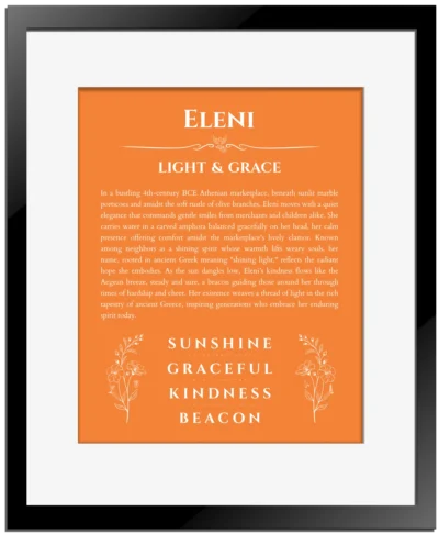 Eleni personalized name art with origin story in orange with black matte frame