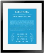 Eleonora custom name art showing meaning and origin in blue with black matte frame