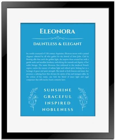 Eleonora custom name art showing meaning and origin in blue with black matte frame
