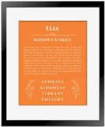 Elia personalized name meaning print in orange with black matte frame